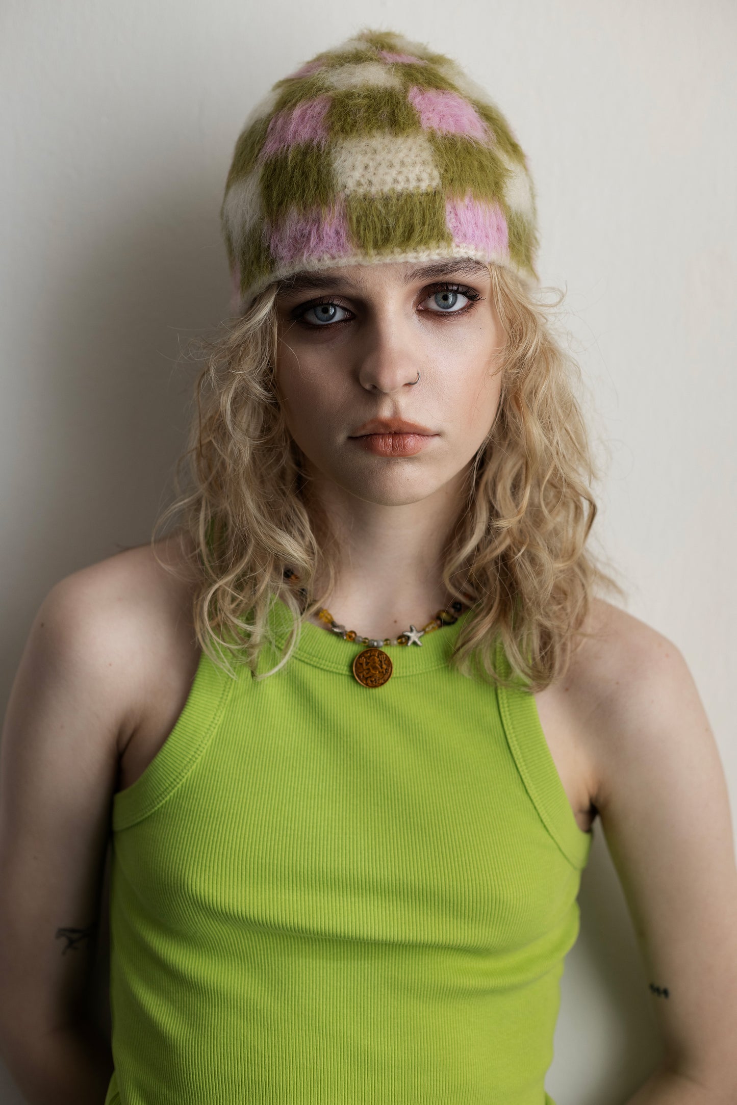 Checkered Beanie – Pink/Green/White