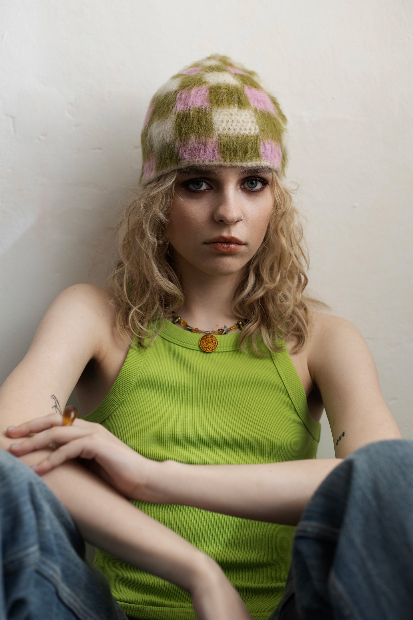 Checkered Beanie –  Pink/Green/White