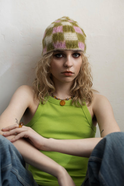 Checkered Beanie –  Pink/Green/White