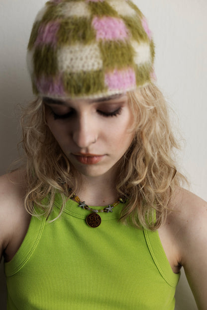 Checkered Beanie –  Pink/Green/White