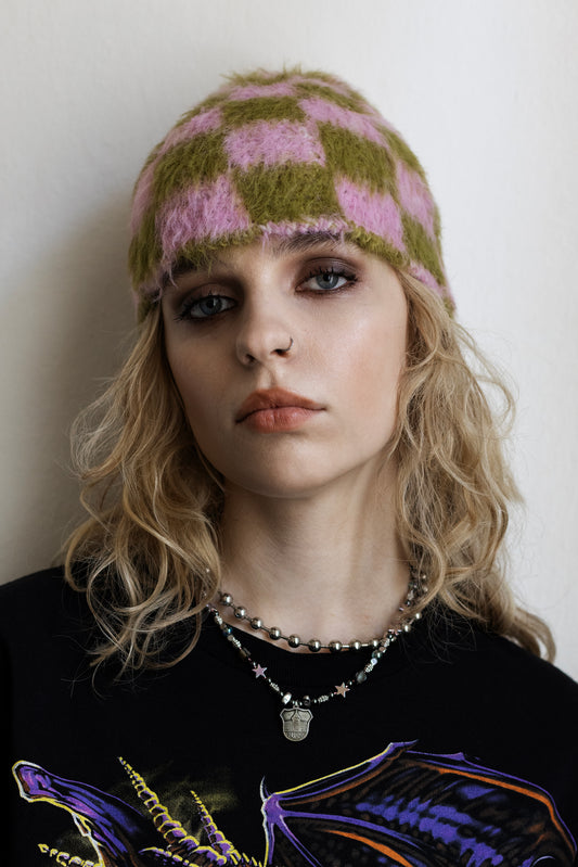 Checkered Beanie – Pink/Green