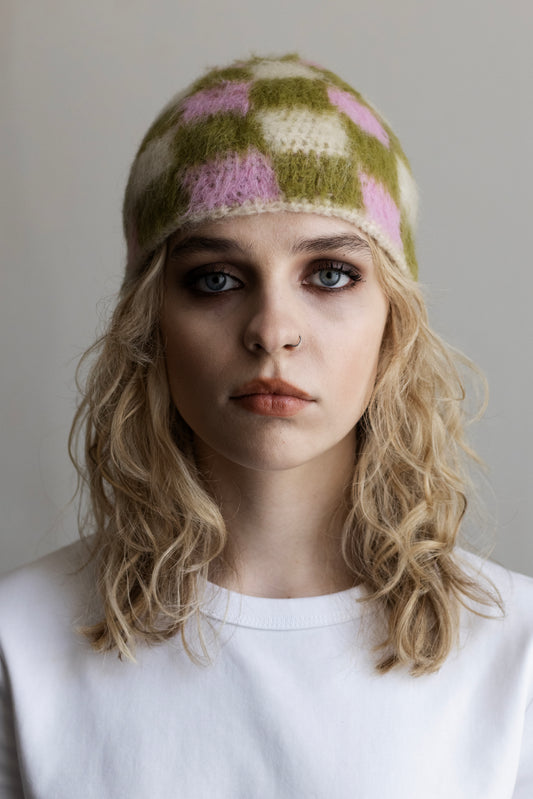 Checkered Beanie –  Pink/Green/White