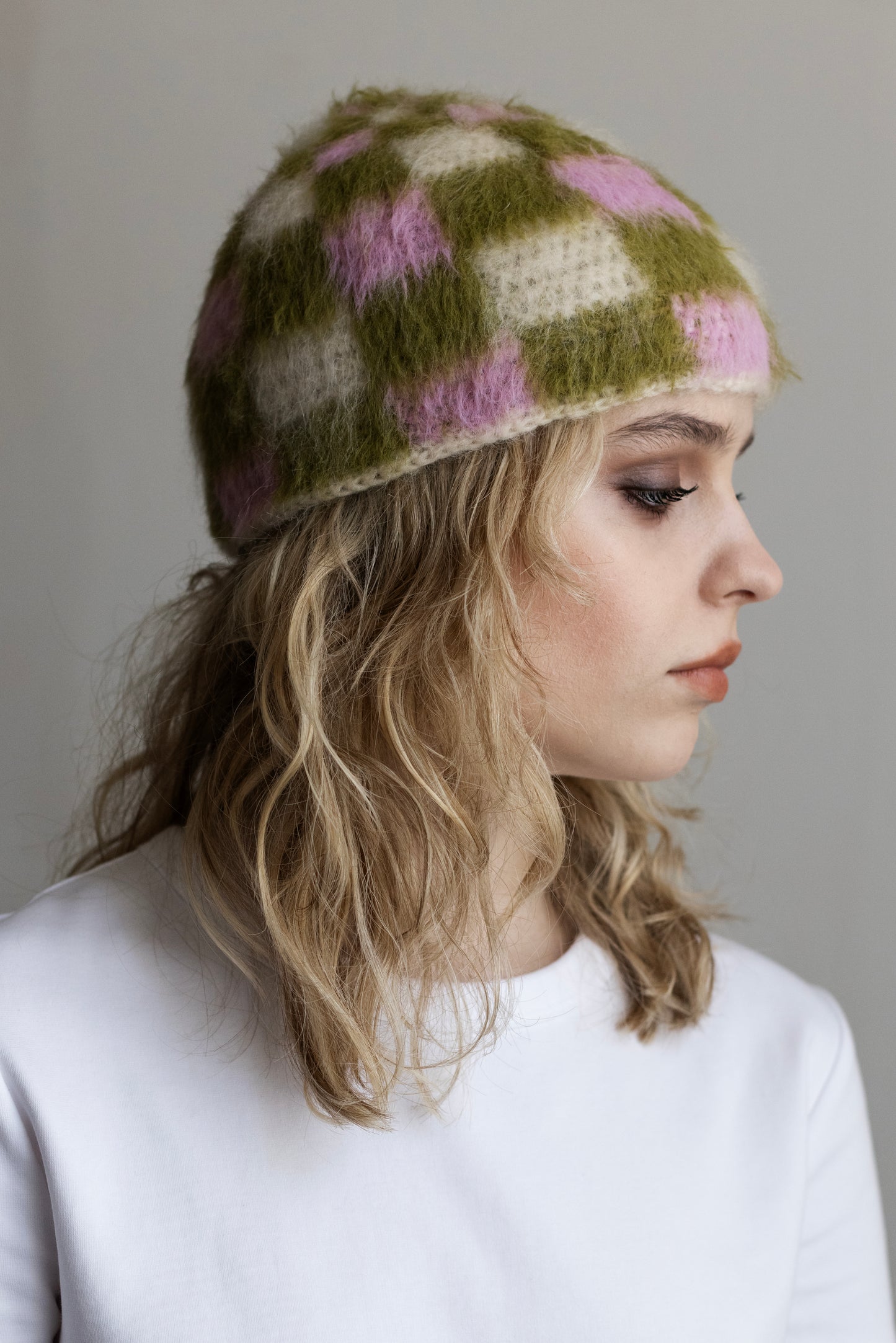 Checkered Beanie –  Pink/Green/White